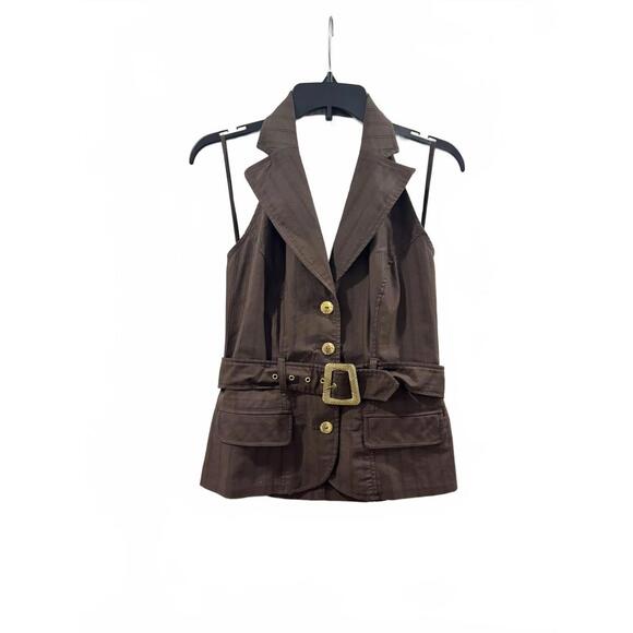 {SOLD} Vintage Bisou Bisou Y2K Brown Halter Button Up Belted Vest- Size Small - Picture 2 of 9